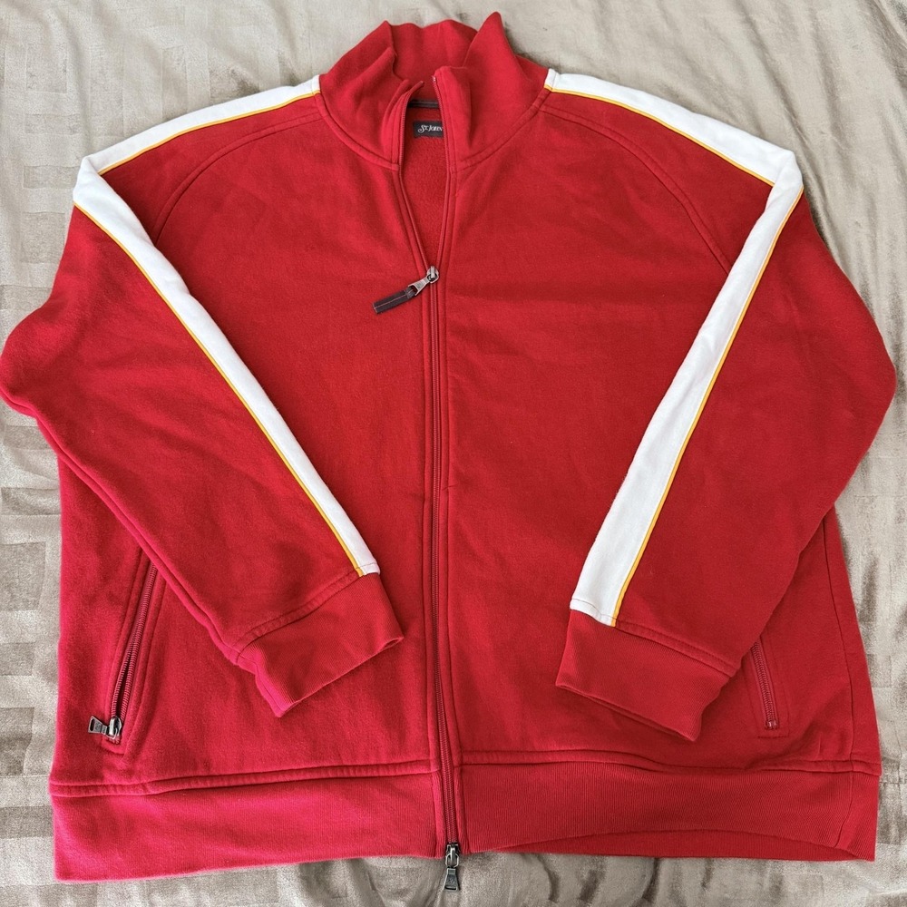 VTG St. John's Bay Track Jacket Large Red White Stripe Full Zip Fleece Athletic